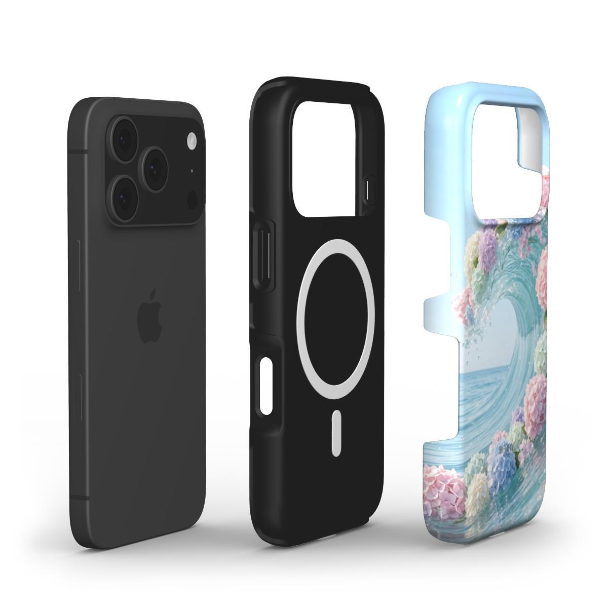 Trendy phone case with vibrant multicolor waves and floral design in pink, red, blue, yellow, white, green, and purple for a stylish feminine look.