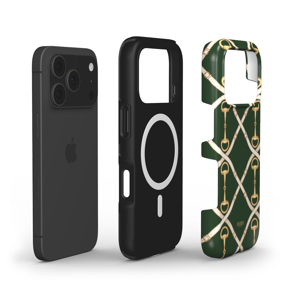 Trendy phone case with a green, gold, brown, and beige pattern featuring elegant buckles, designed for a feminine and beautiful aesthetic.