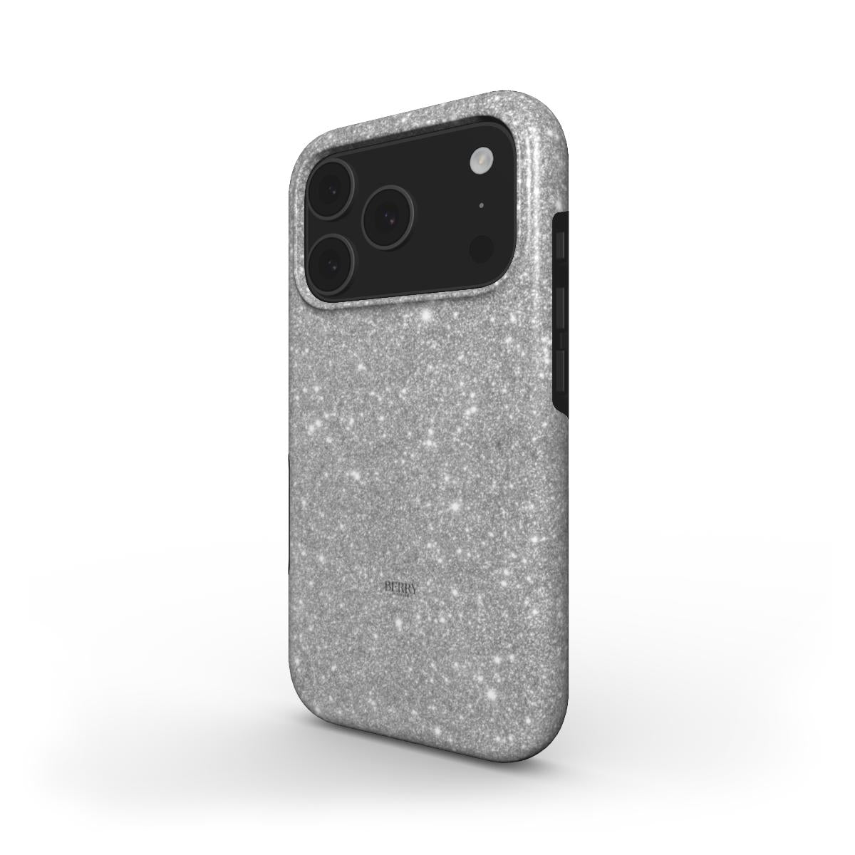 Trendy feminine silver phone case sparkling with a beautiful glittery finish, designed to add a stylish and girly touch to your device.