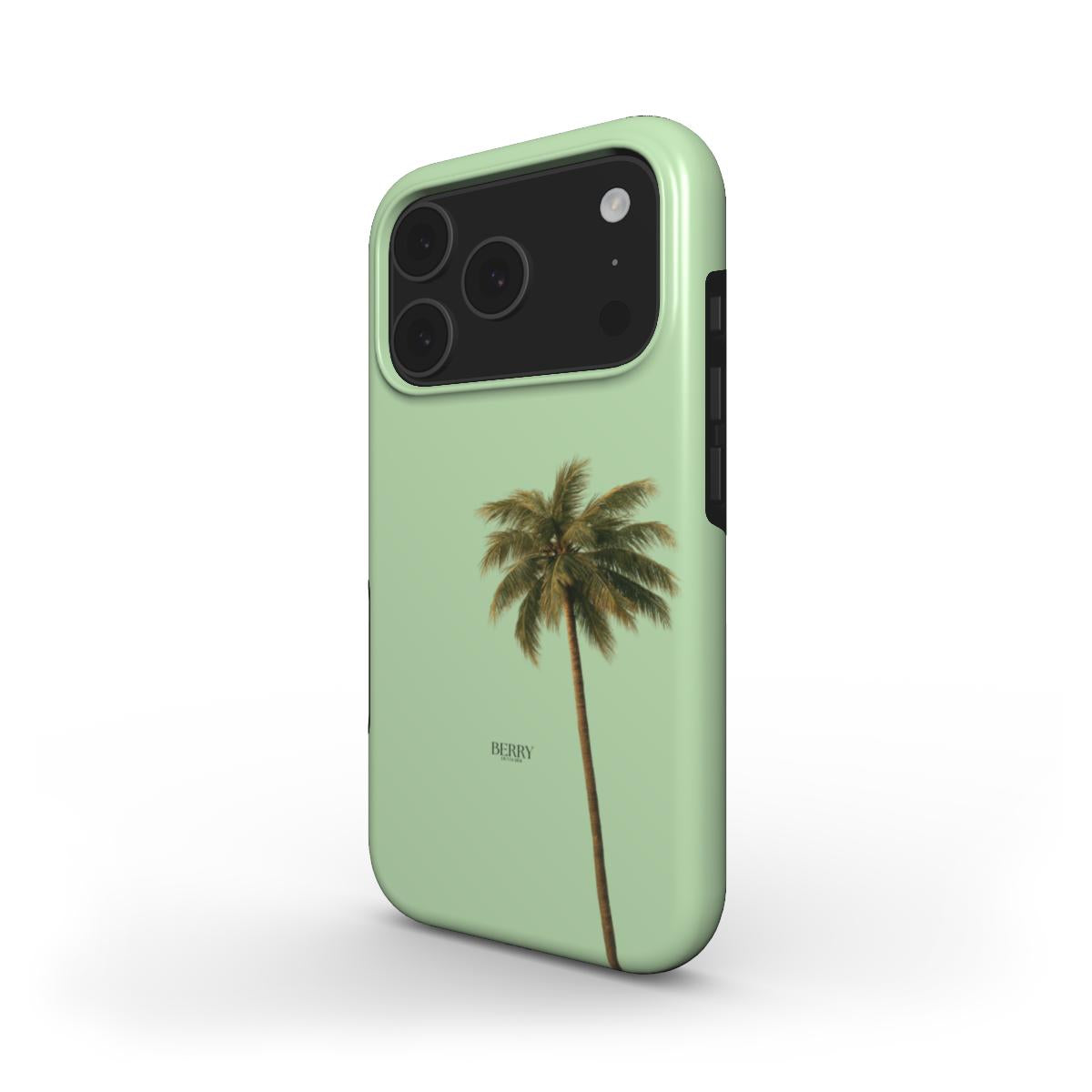 Trendy feminine phone case in soft green with a stylish palm tree design, perfect for that beautiful girly aesthetic and popular summer look.