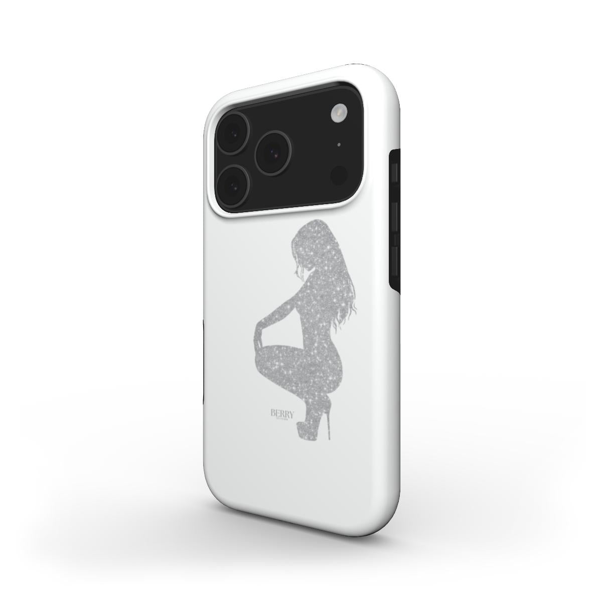Trendy phone case in white with a silver glitter silhouette of a feminine figure, combining a stylish and aesthetic girly design.