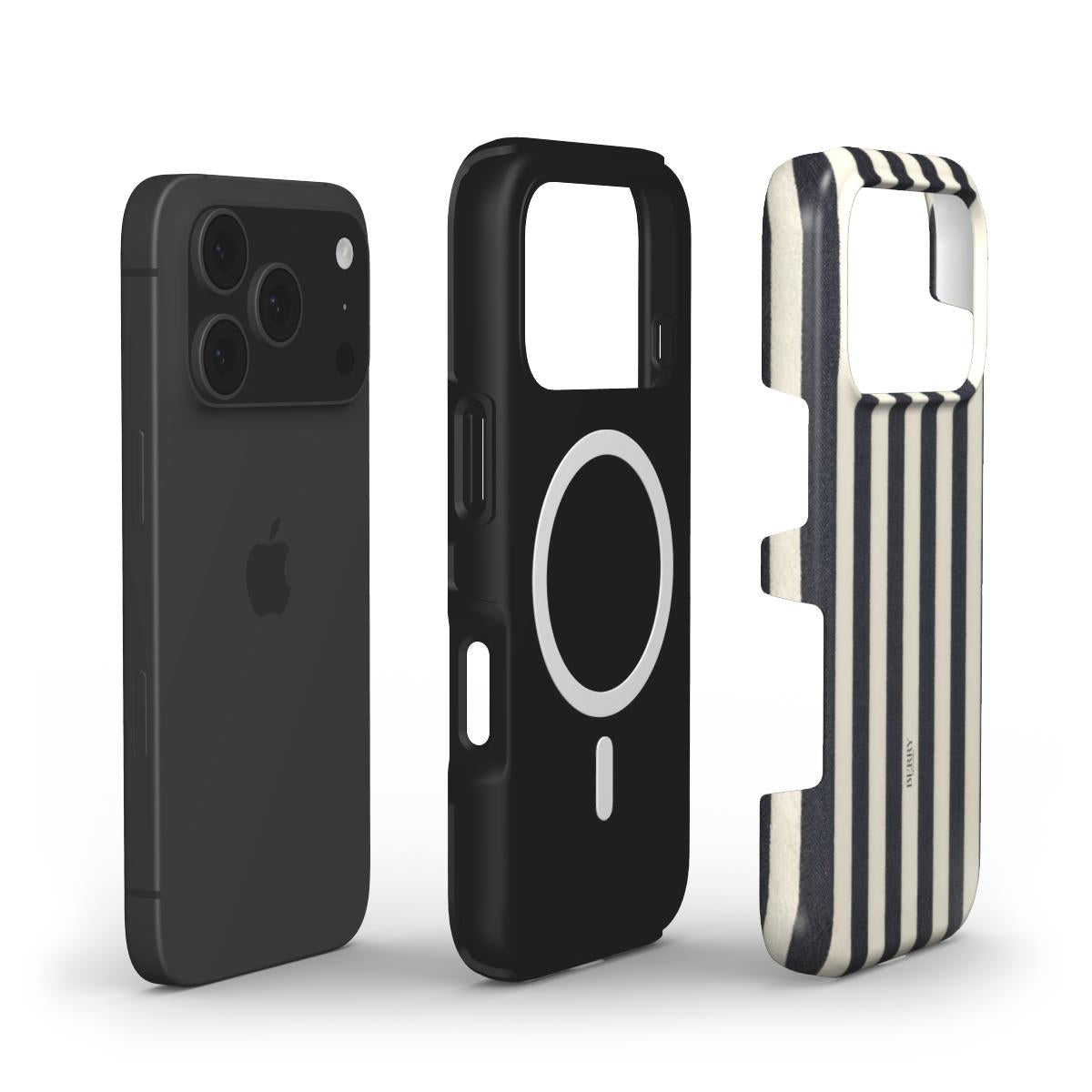 Trendy phone case with a sleek black magnetic layer and a vibrant multicolored canvas shell featuring blue and white stripes for a feminine stylish look