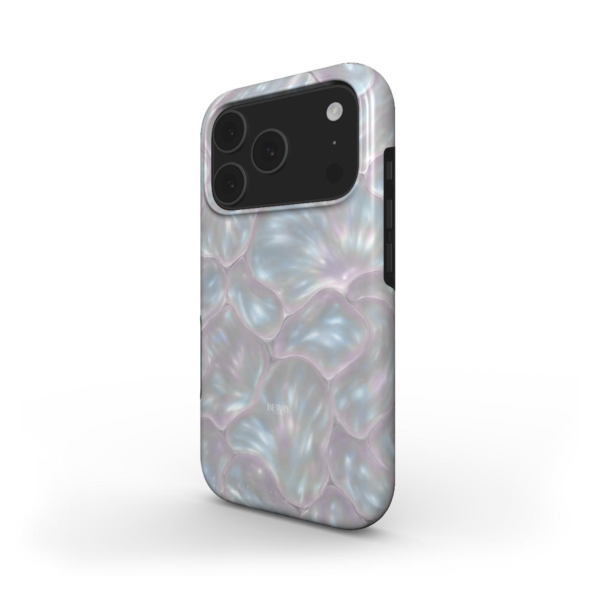 Trendy phone case with a feminine, multicolored pattern in white, pink, and silver inspired by delicate rose petals for a magical and stylish look.