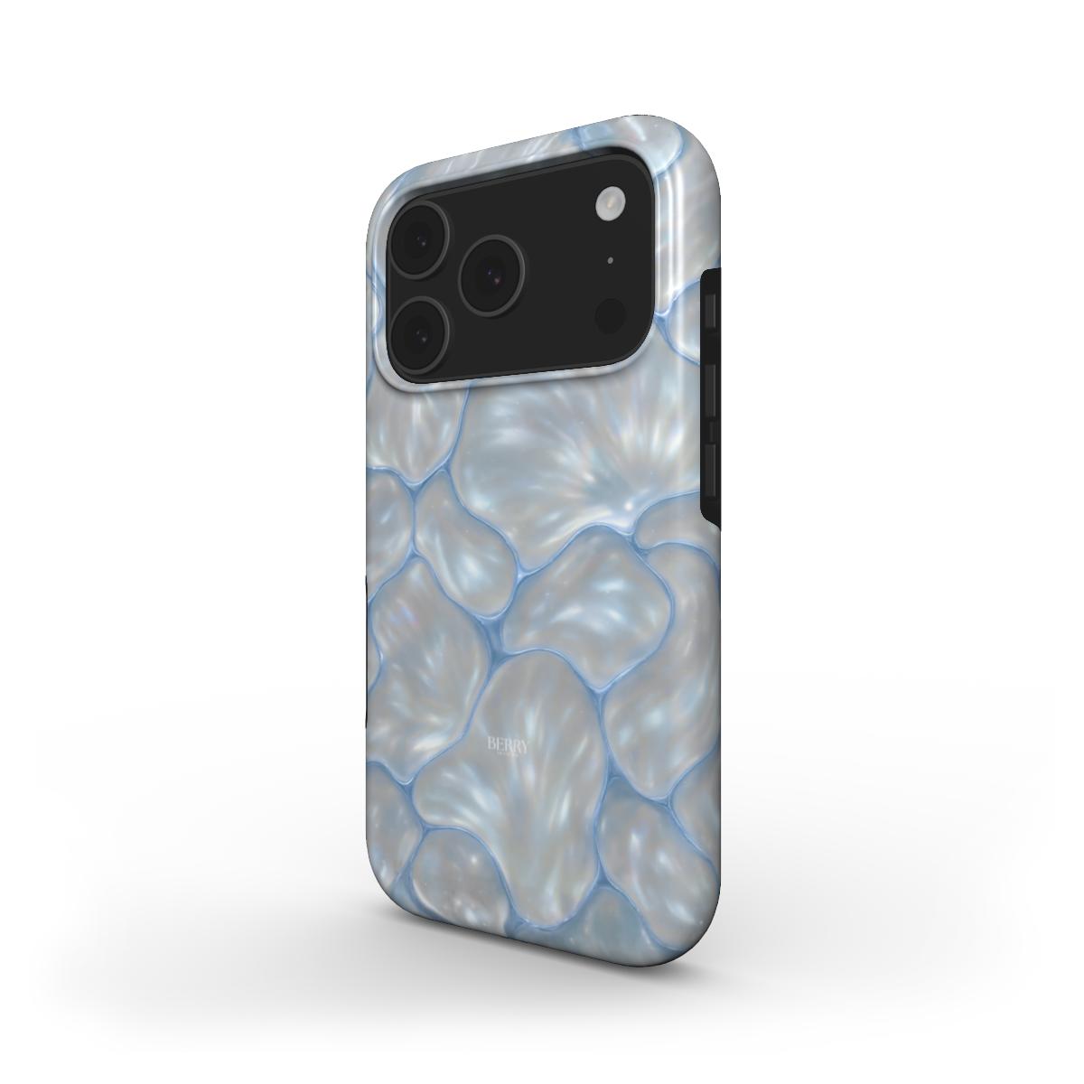 Trendy feminine phone case with a glossy, pearl-like pattern in soft blue and white tones, embodying a beautiful, aesthetic, and popular girly style.