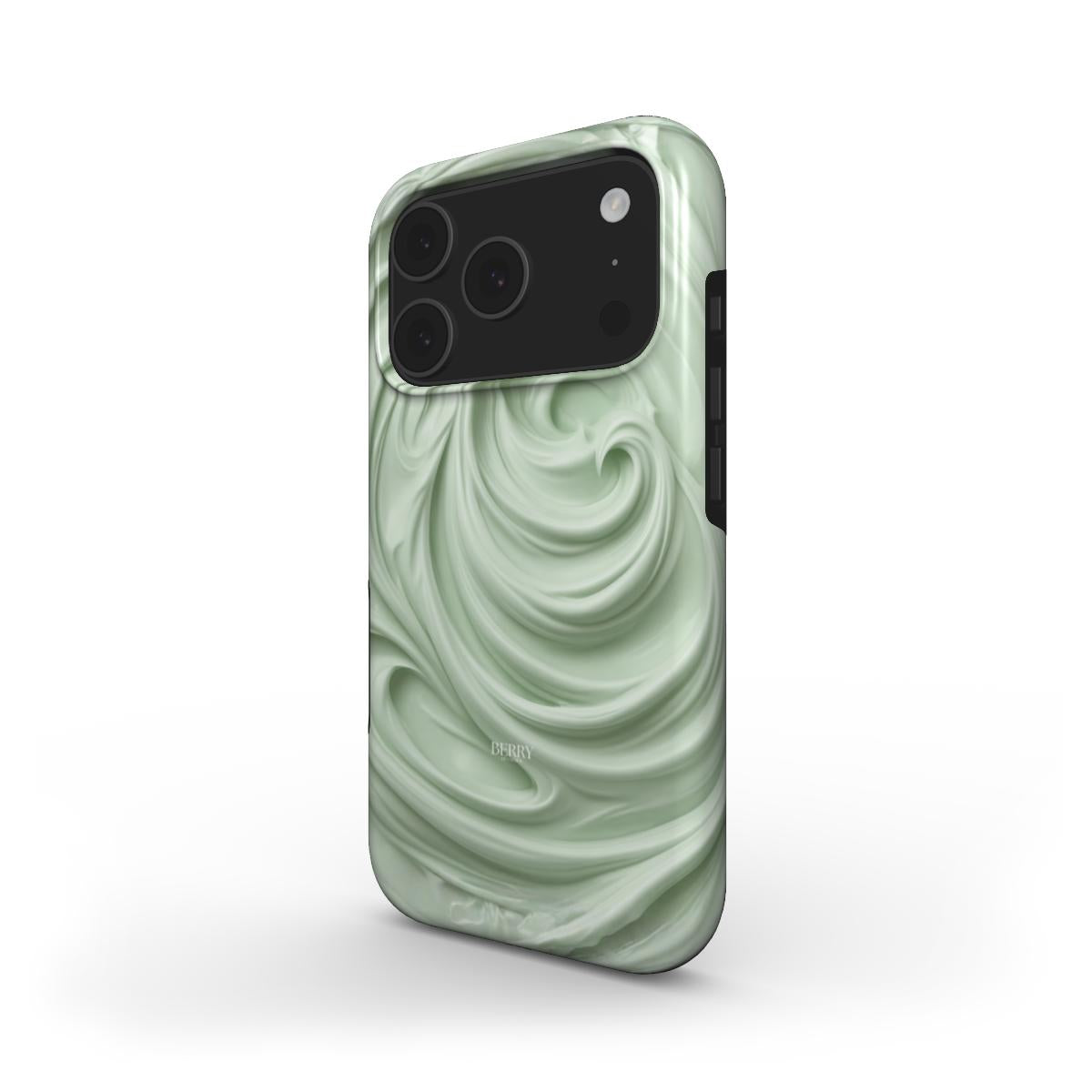 Trendy phone case with creamy green swirl pattern blending green and multicolor shades for a feminine, stylish, and popular aesthetic look.