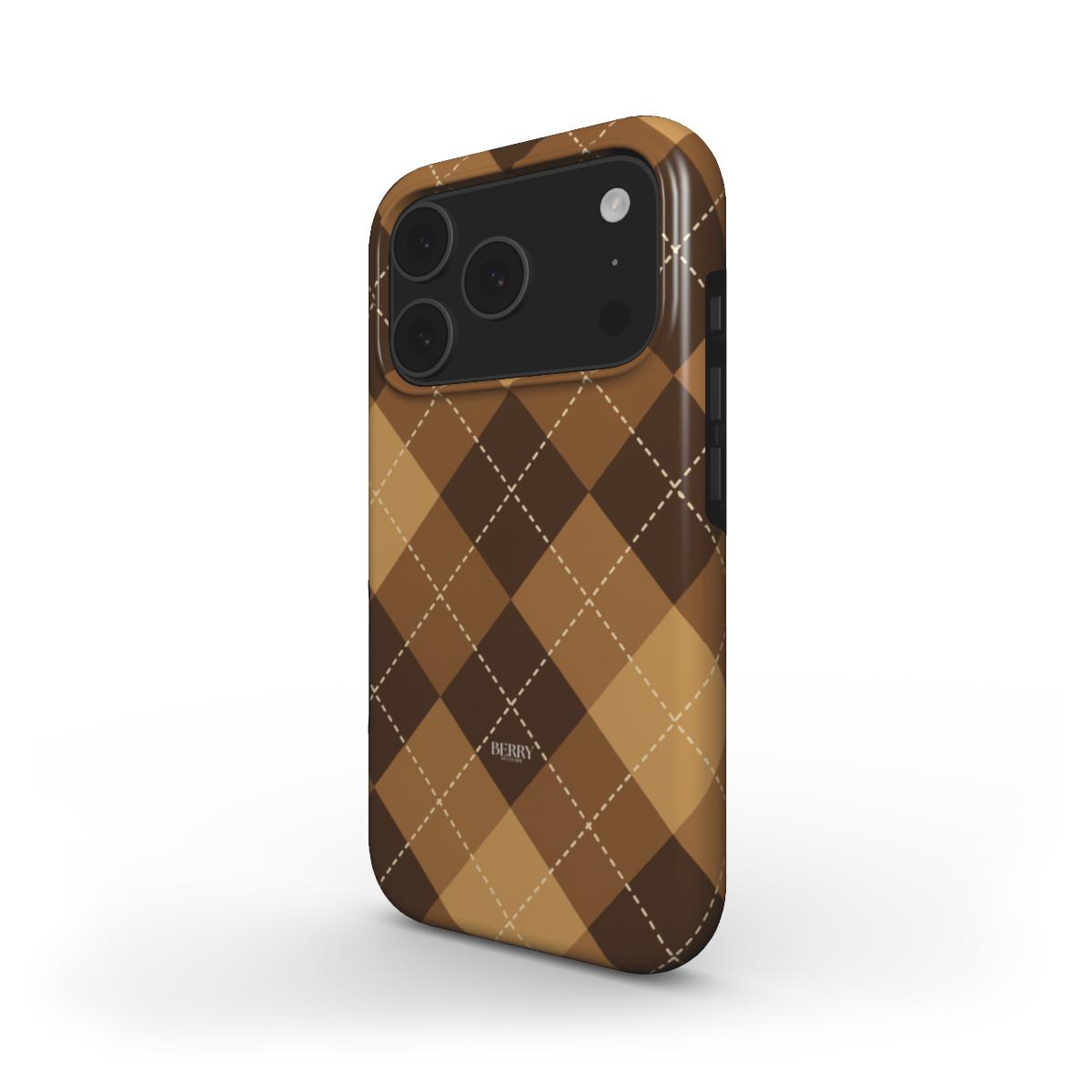 Trendy Majestic phone case with a brown and beige argyle pattern, featuring gold accents for a feminine and classic stylish look.
