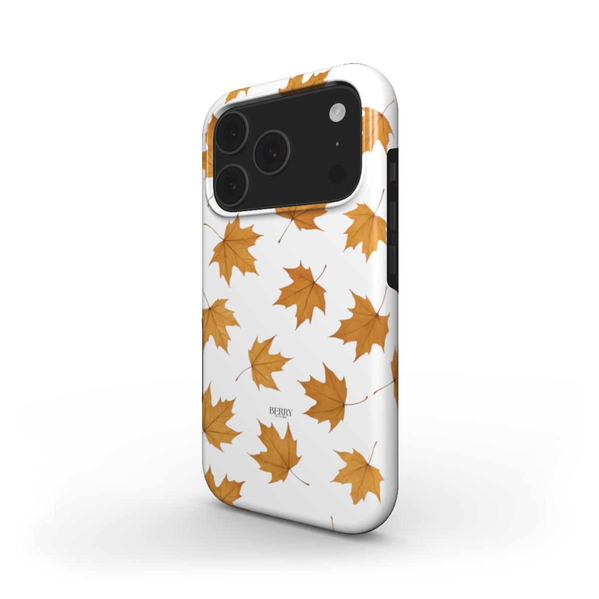 Trendy phone case with a beautiful yellow and brown autumn leaf pattern, showcasing a feminine and aesthetic design perfect for that girl vibe.