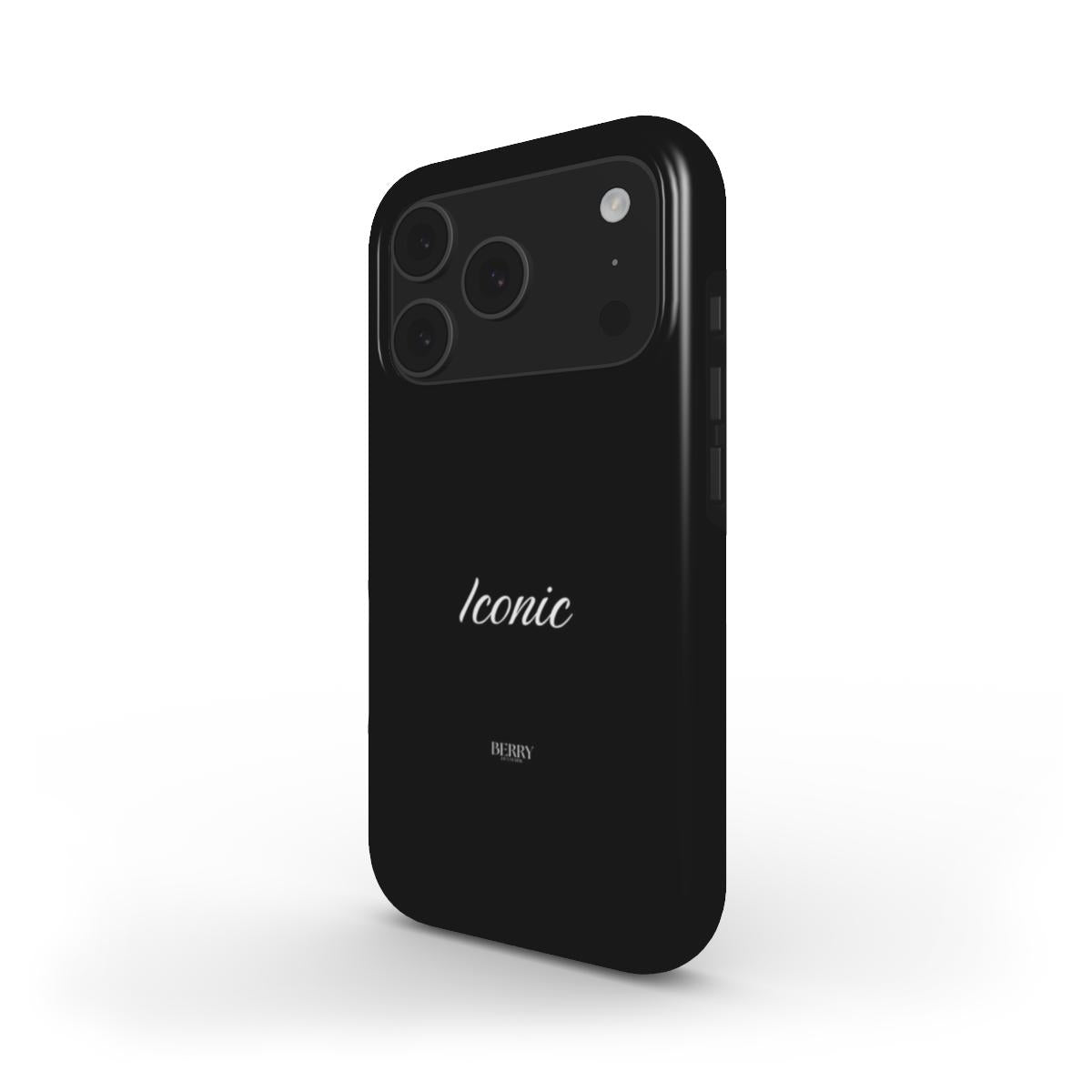Sleek black phone case with a minimalist "Iconic" script, offering a trendy and feminine aesthetic for stylish protection.
