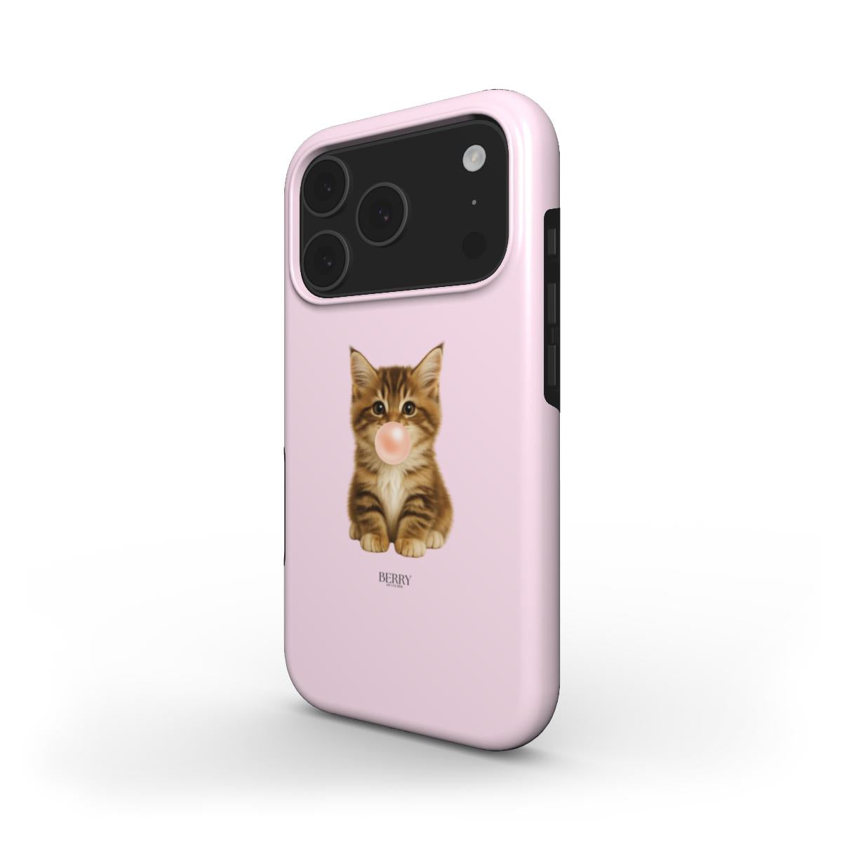 Trendy pink phone case featuring a cute kitten blowing a bubblegum bubble, with a feminine and aesthetic design in pink and beige tones.