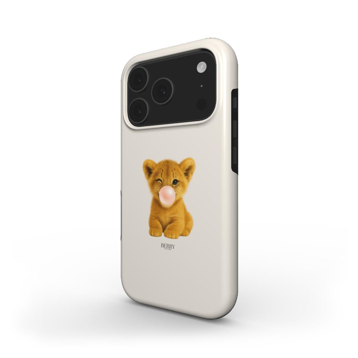 Trendy beige phone case with a cute brun lion cub blowing a pink bubble, combining girly charm with an aesthetic and feminine style.
