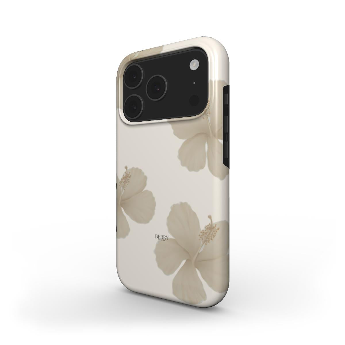 Beige phone case with soft tan floral pattern, featuring delicate blooms for a trendy and feminine aesthetic on a sleek smartphone cover.