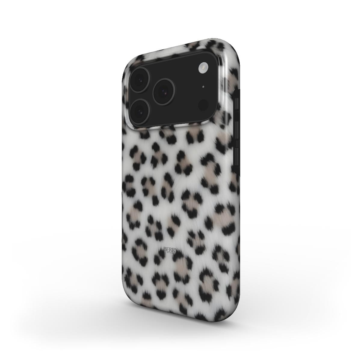 Trendy phone case with a silver, gray, black, white, multicolored leopard pattern offering a feminine and popular stylish look.