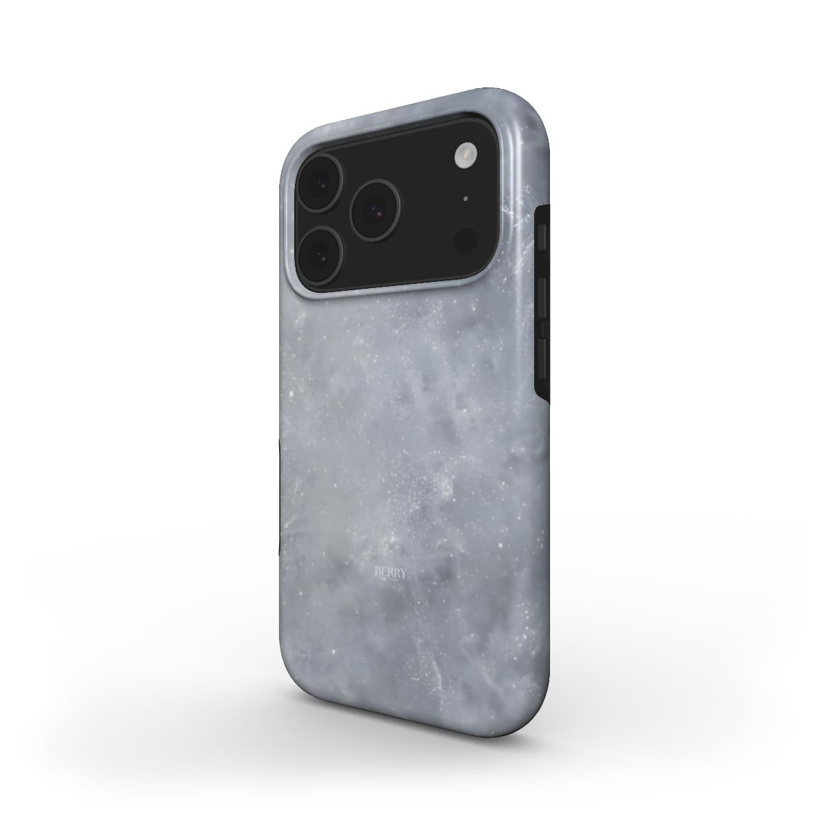 Trendy and aesthetic phone case in silver and gray tones with a subtle shimmering pattern, designed to enhance feminine elegance and popular style.