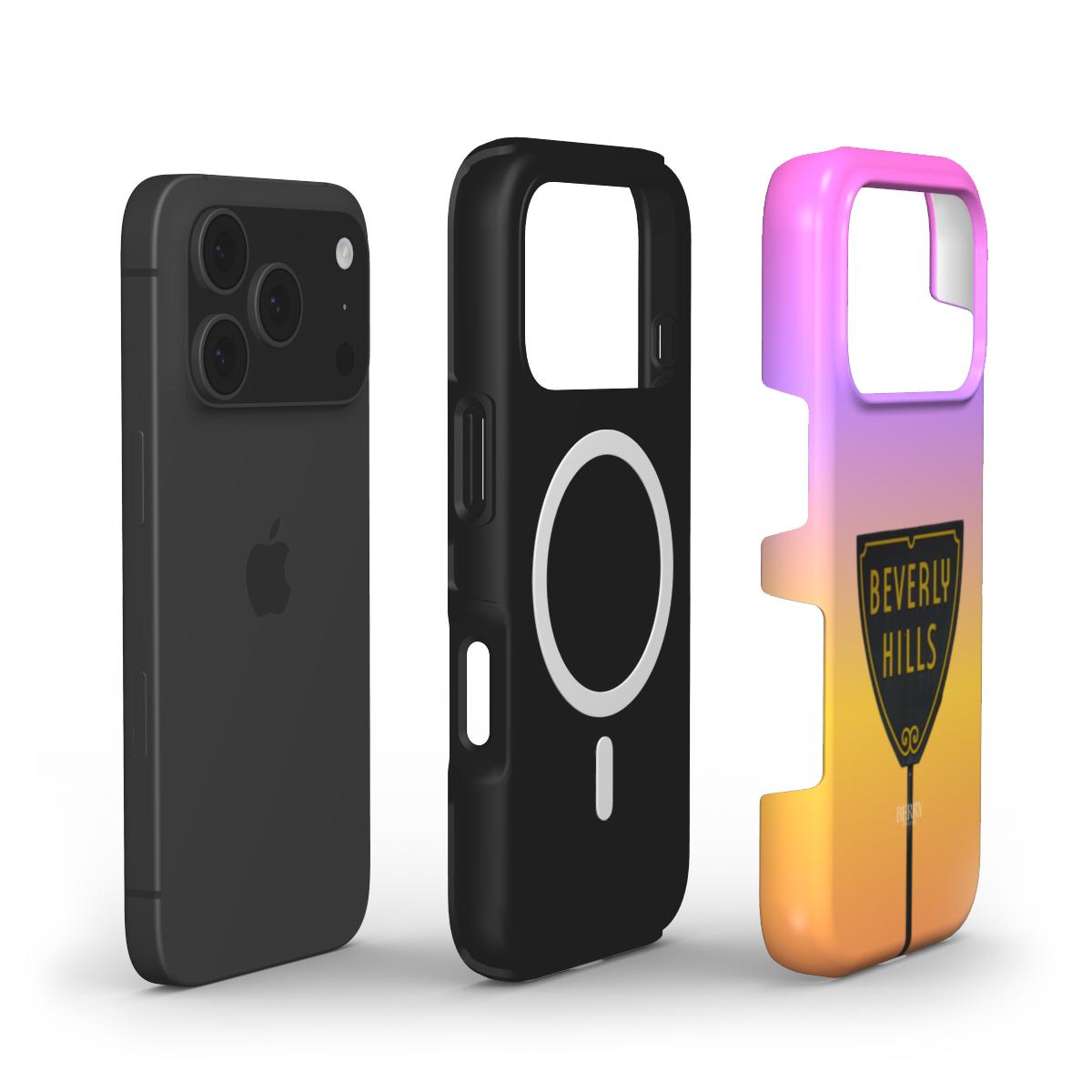 Trendy pink, orange, and multicolored phone case with a feminine, aesthetic design featuring a stylish Beverly Hills emblem.