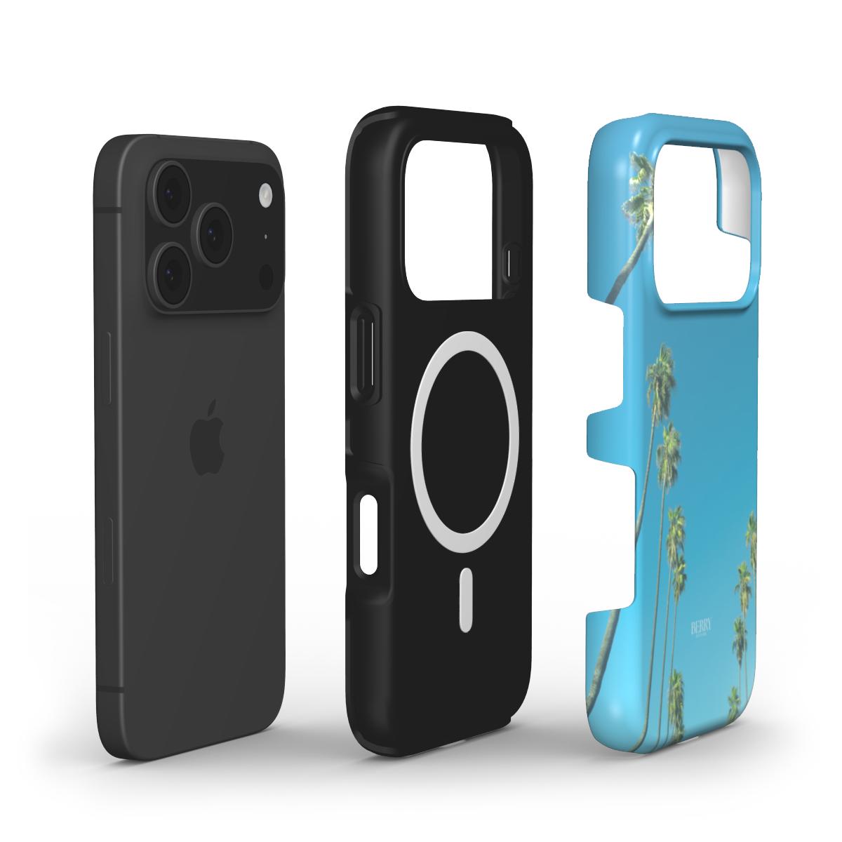 Trendy feminine phone cases with a colorful design featuring palm trees, offering a stylish and girly look for a popular aesthetic.