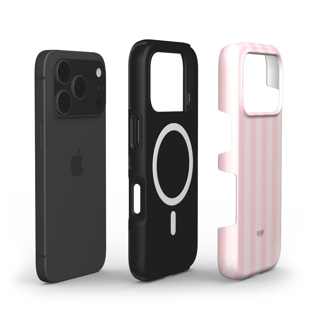 Black phone case with MagSafe circle and pink striped phone case with feminine aesthetic and trendy girly style next to a black smartphone