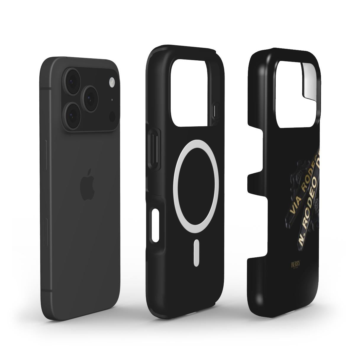 Trendy feminine phone case in black with gold and multicolored accents, designed for a stylish and popular aesthetic.
