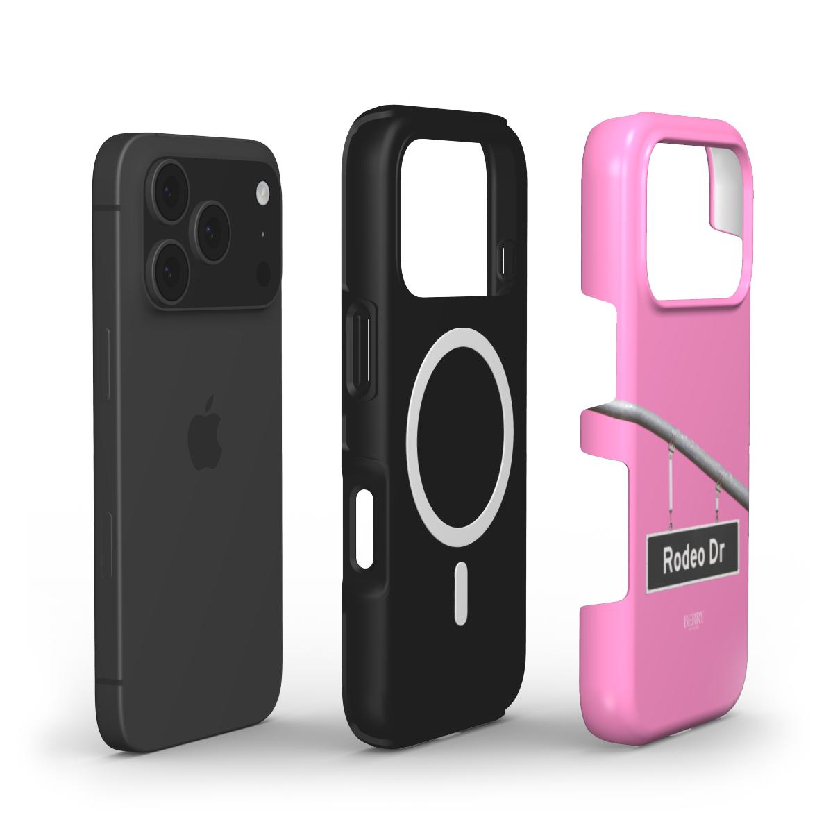 Trendy pink and black phone cases with unique designs including a Rodeo Dr sign, perfect for a stylish, girly, and aesthetic look.