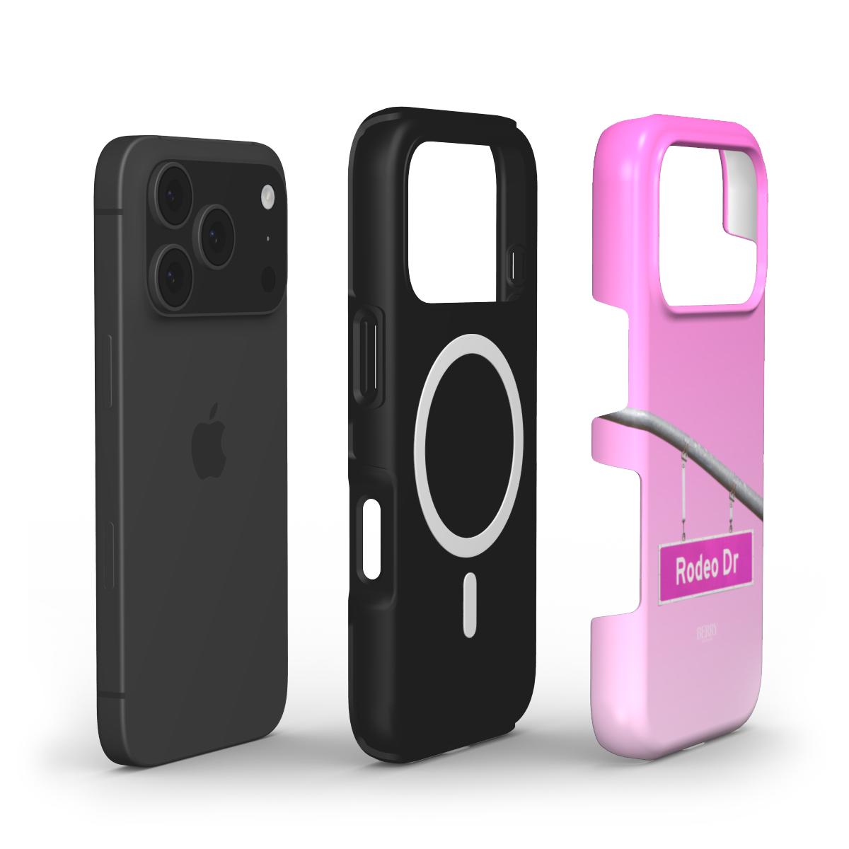 Set of trendy phone cases including a black magnetic design and a pink feminine case with a Rodeo Dr street sign, offering aesthetic and popular protection.