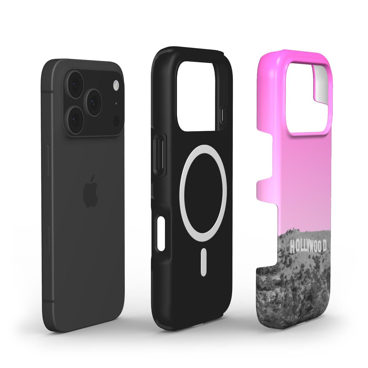 Trendy phone case set featuring a pink and gray Hollywood-inspired pattern with sleek black and MagSafe-compatible designs for a feminine, popular look.