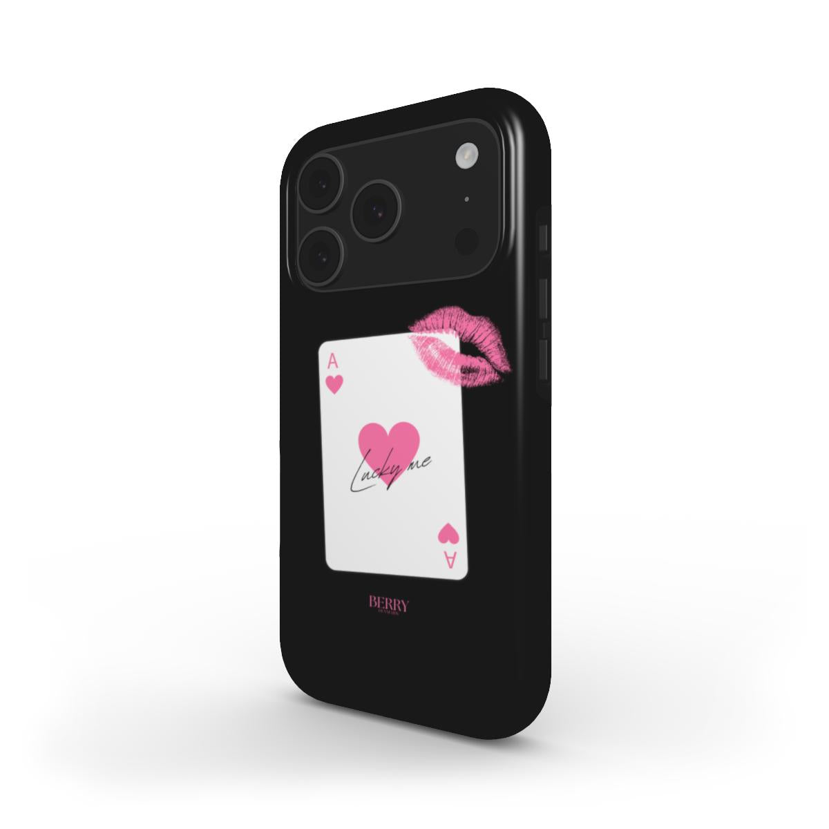Trendy black phone case with a pink heart ace card and lipstick kiss design, featuring a feminine and aesthetic colorful pattern.