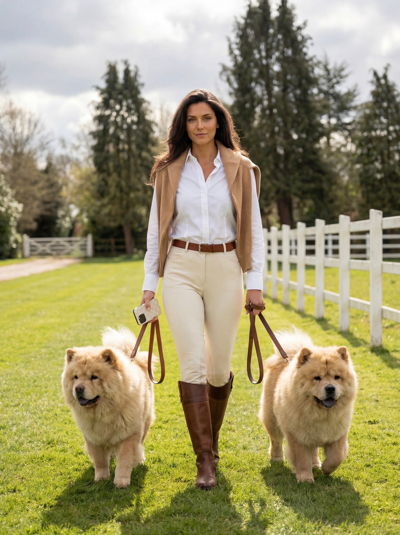 Woman walking two fluffy beige dogs on leashes outdoors, wearing a white shirt, beige pants, and brown boots, showcasing a stylish and trendy look.
