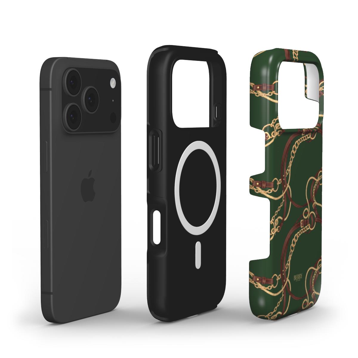 Trendy phone case with gold and brown chain pattern on green and beige, combining a feminine and beautiful aesthetic with a stylish, popular look.