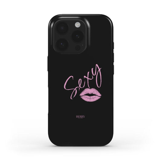 Black phone case with trendy pink "Sexy" script and lip print, featuring a feminine and stylish girly design perfect for a popular aesthetic look.