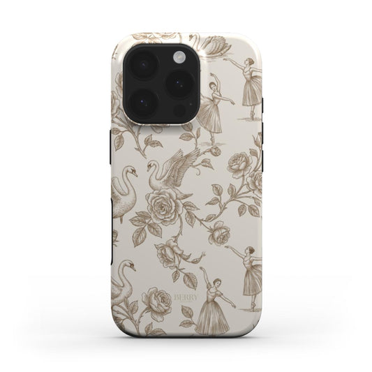 Trendy phone case featuring elegant ballerinas, swans, and floral patterns in white, gold, brown, beige, and multicolor for a feminine and aesthetic look.