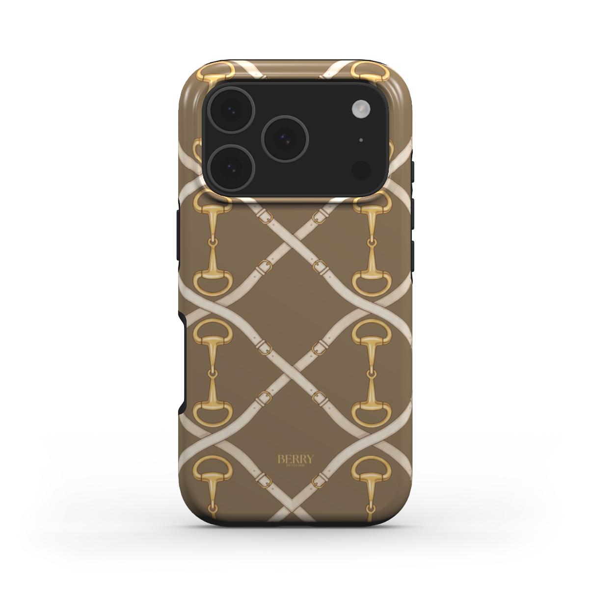 Phone case with a trendy golden buckle pattern in multicolor shades of gold, brown, and beige, featuring a stylish and feminine aesthetic.