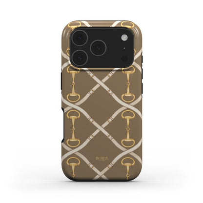 Phone case with a trendy golden buckle pattern in multicolor shades of gold, brown, and beige, featuring a stylish and feminine aesthetic.