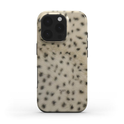 Trendy phone case with a soft, fluffy cheetah pattern in beige, brown, and black spots, combining a feminine and popular aesthetic for stylish users.