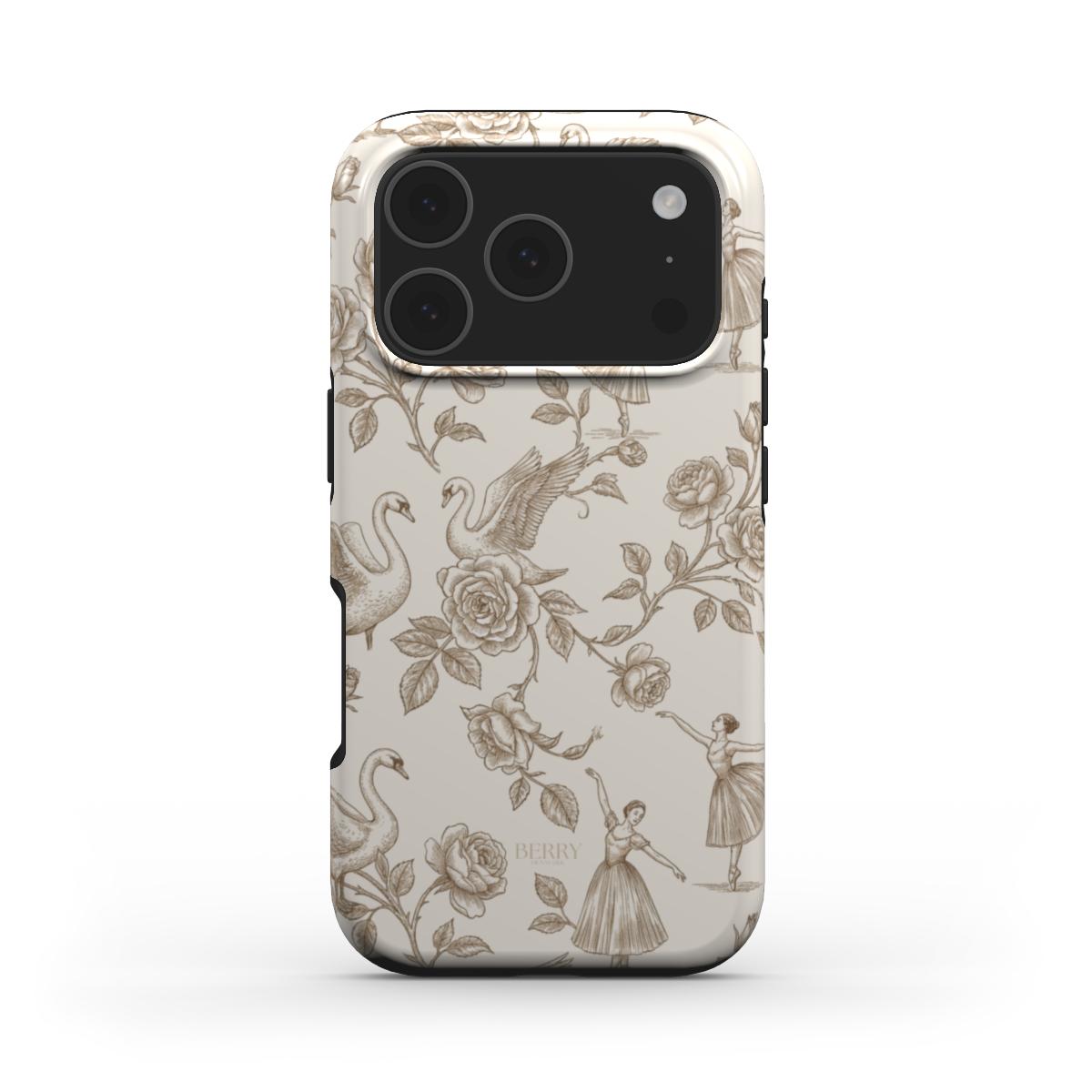 Trendy phone case with a feminine design featuring ballerinas, swans, and floral patterns in white, gold, brown, beige, and multicolor tones.