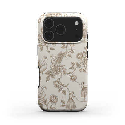 Trendy phone case with a feminine design featuring ballerinas, swans, and floral patterns in white, gold, brown, beige, and multicolor tones.