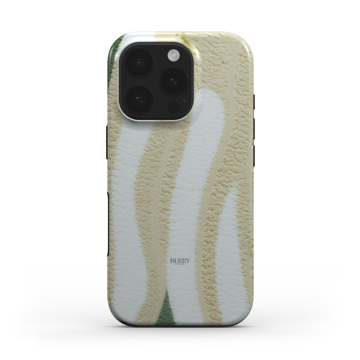 Trendy phone case with a feminine, aesthetic design featuring soft green, white, and multicolored wavy patterns for a beautiful, girly look.