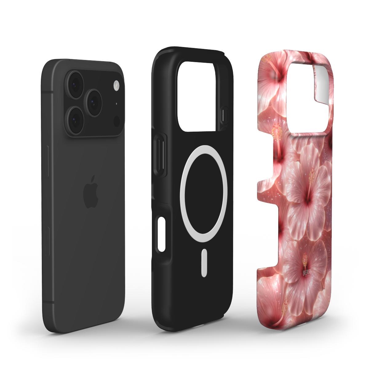 Trendy glossy phone case with pink and red multicolored hibiscus floral design, combining feminine charm and stylish protection for that girl aesthetic.