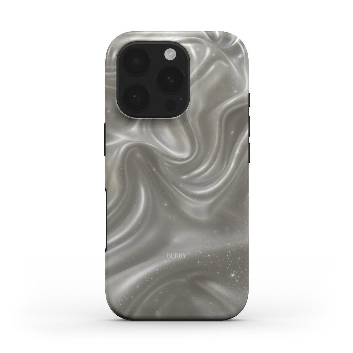 Trendy phone case featuring a dreamy, flowing silver and beige swirl pattern with a subtle pearlescent effect, perfect for a chic and feminine look.