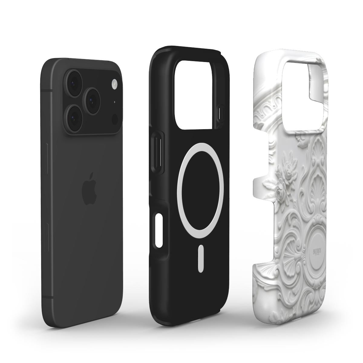 Two phone cases displayed with one featuring a sleek black design and the other a flerfarvet white and beige embossed pattern inspired by Ivory Stucco style