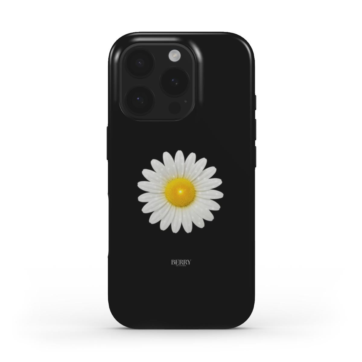 Black phone case with a white and yellow daisy design, featuring a trendy and feminine aesthetic perfect for a stylish, girly look.