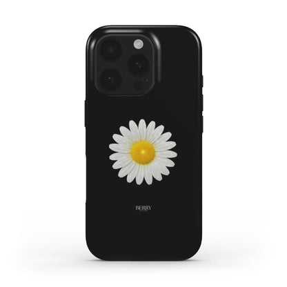 Black phone case with a white and yellow daisy design, featuring a trendy and feminine aesthetic perfect for a stylish, girly look.