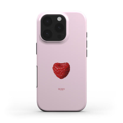 Trendy feminine pink phone case with a red raspberry heart design, combining girly charm and aesthetic appeal for a popular stylish look.