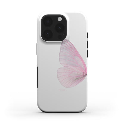 Trendy white phone case featuring a delicate pink and multicolored butterfly wing design, perfect for a girly and feminine aesthetic.