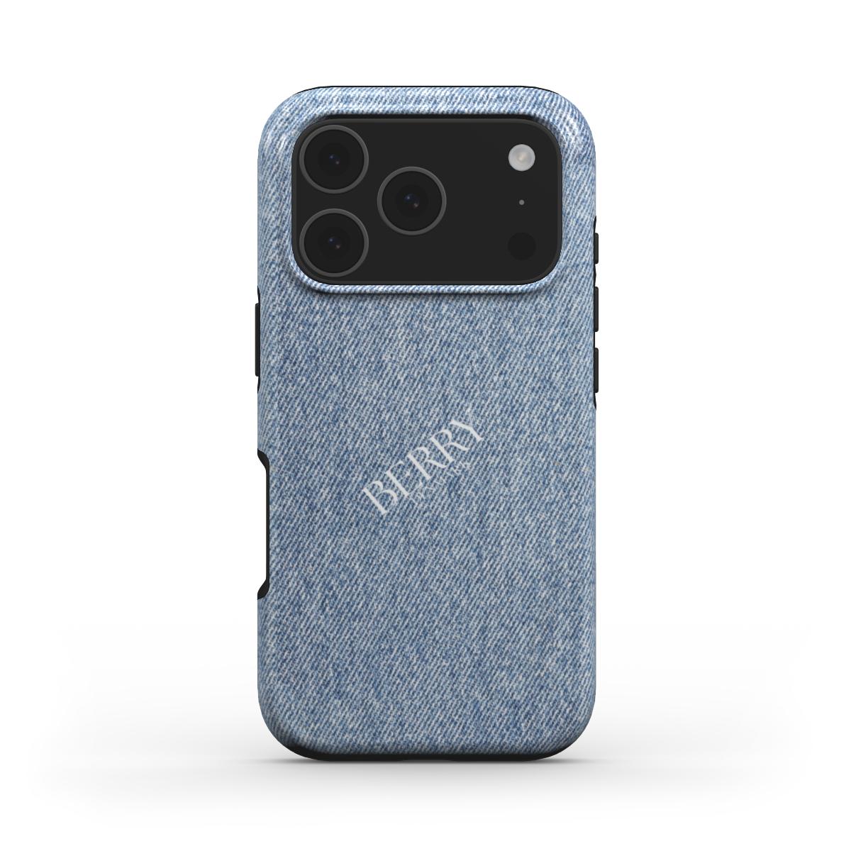 Trendy phone case in blue denim pattern with a subtle, girly aesthetic that combines feminine style and popular design for a fashionable look.
