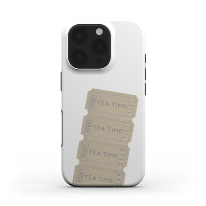 White and beige phone case with a trendy multi-ticket design featuring elegant "Tea Time" text for a feminine and popular aesthetic.