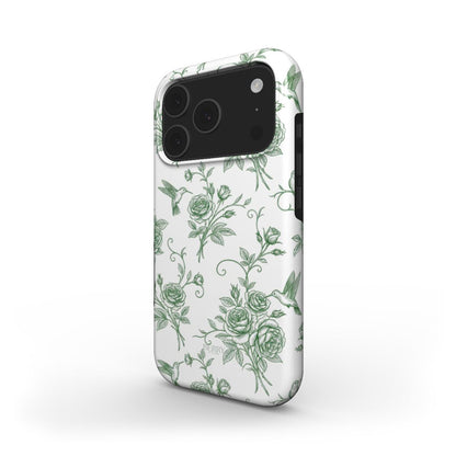 Trendy feminine phone case with a multicolored white and green floral and hummingbird pattern, creating a beautiful and popular aesthetic vibe.