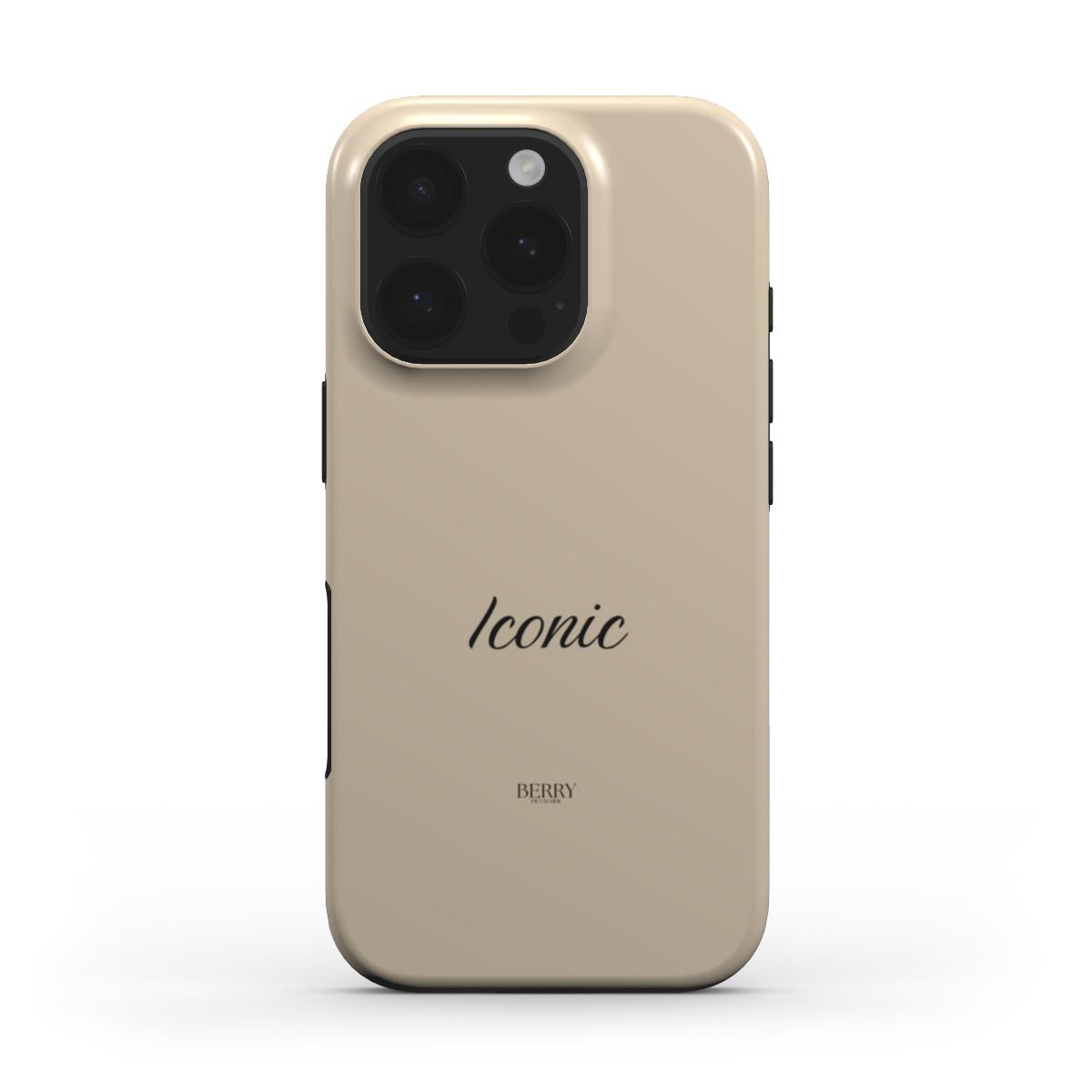 Beige trendy phone case with elegant "Iconic" script, offering a feminine and beautiful aesthetic perfect for a stylish and popular look.