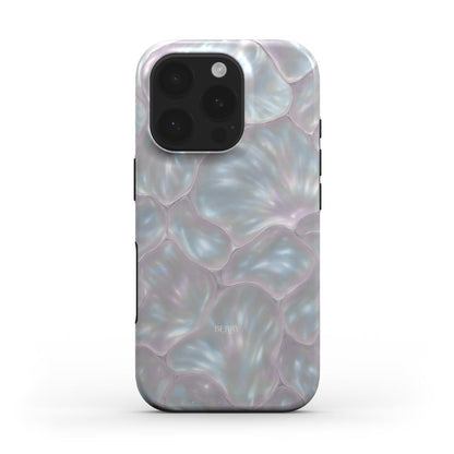 Trendy phone case with a multicolor pink, white, and silver pearlescent floral pattern, exuding a feminine and beautiful aesthetic.