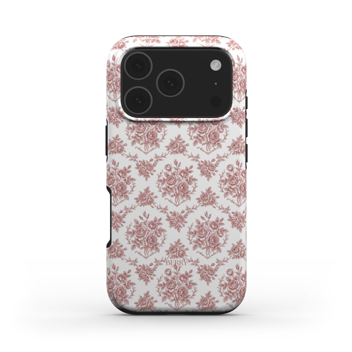 Trendy feminine phone case with a white background and elegant red floral pattern, stylish and popular accessory inspired by Burgundy Dreams aesthetic.