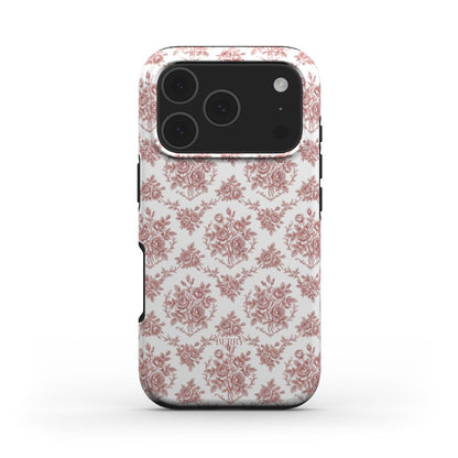 Trendy feminine phone case with a white background and elegant red floral pattern, stylish and popular accessory inspired by Burgundy Dreams aesthetic.
