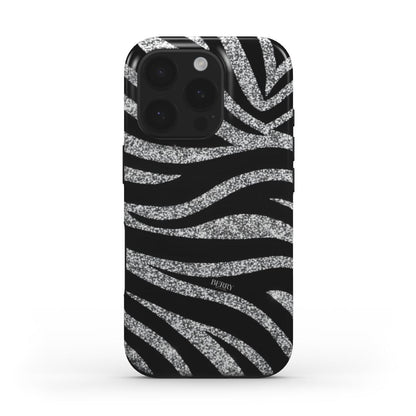 Trendy phone case with a silver and black zebra pattern featuring a glittery, feminine design that combines elegance with a popular, stylish look.